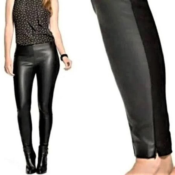 LAUREN RALPH LAUREN Faux Leather Front Panel Stretch Leggings Ankle Zip 4 Petite - Picture 4 of 8
